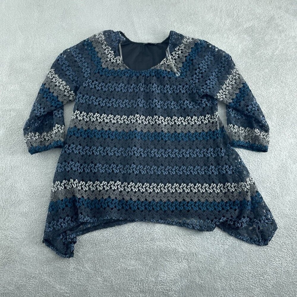 Notations Womens Lace Overlay Tunic Top XL Blue & Gray Striped 3/4 Sleeves 5185